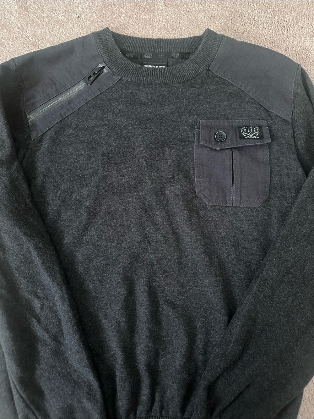 883 Police Men's Dark Charcoal Black Crewneck Sweater with Zip Shoulder
